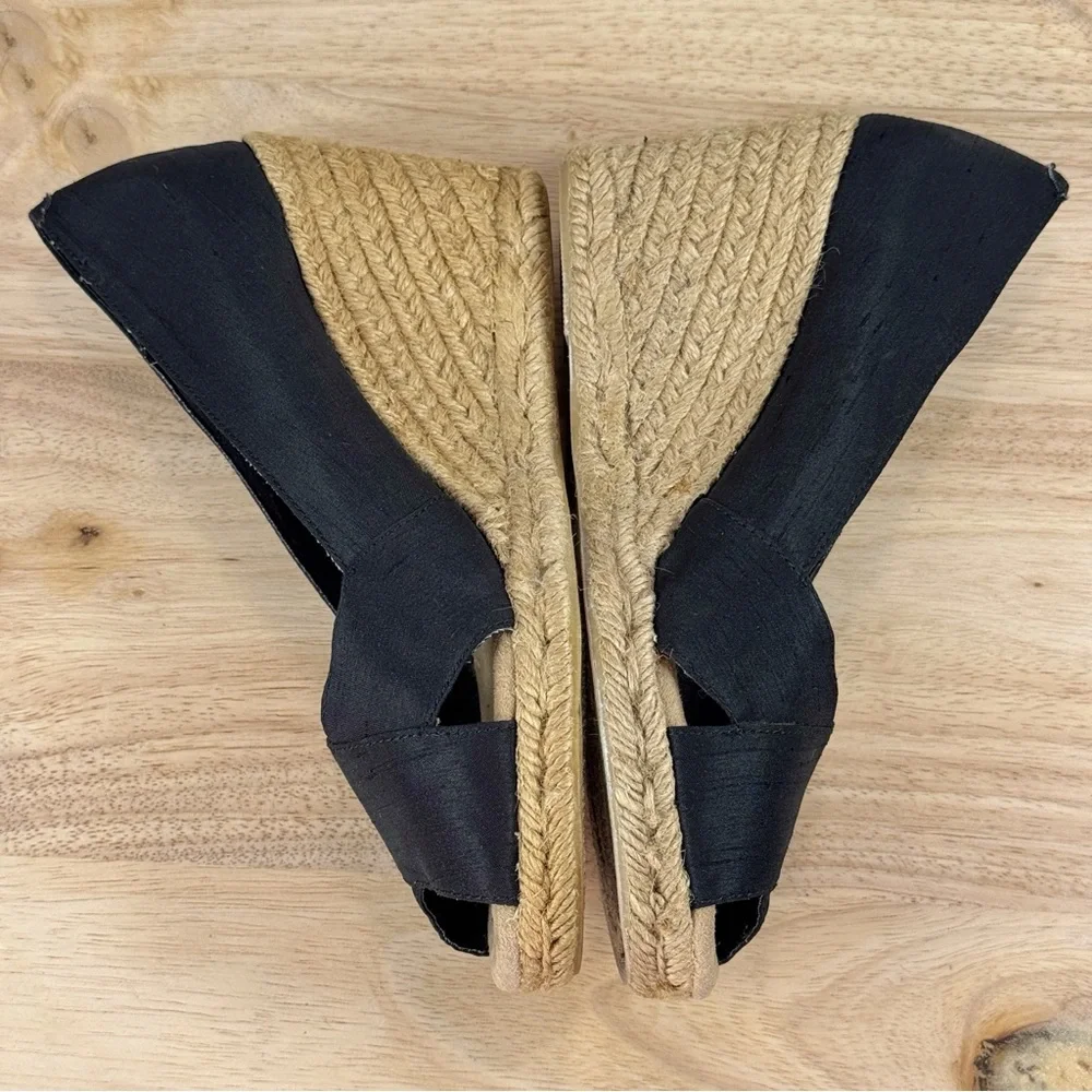 White Mountain Dupioni Fabric Peep‎ Toe Espadrille Wedge Heels Black 9